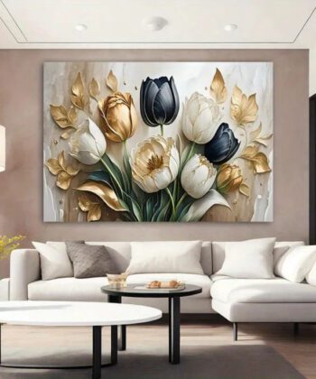 Modern luxury floral wall art featuring golden and black tulips in an abstract oil painting style.