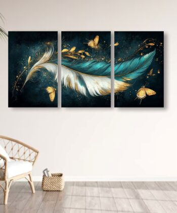 Three vertical wall art tiles showing a continuous image of a teal feather and golden butterflies on a dark background.