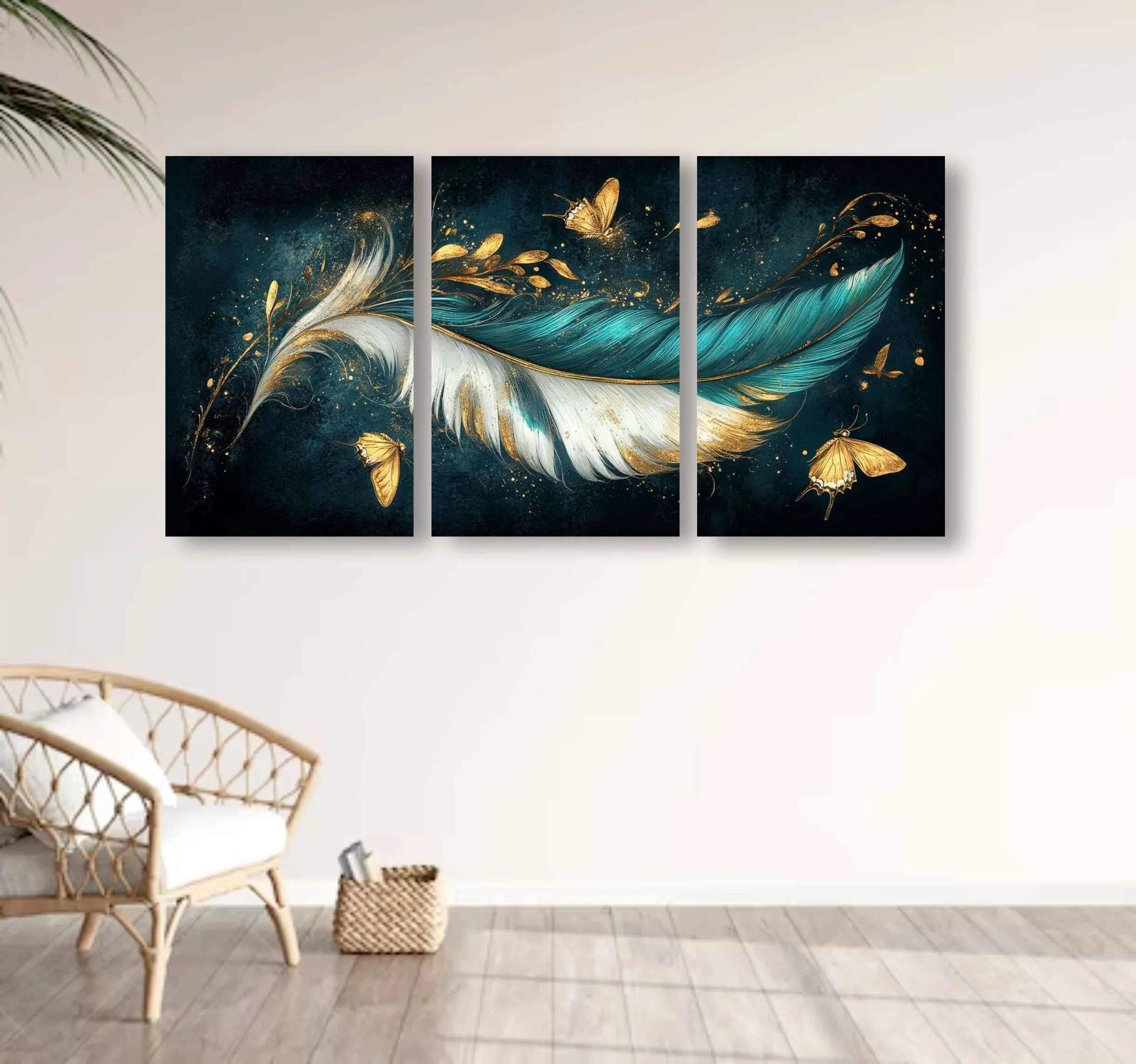 Enchanted-Golden-Plume-Butterfly-Wall-Art-Aish-Splash Three vertical wall art tiles showing a continuous image of a teal feather and golden butterflies on a dark background.