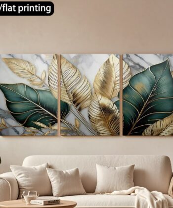 Modern 3-Piece Tropical Leaf Wall Frame Set with Gold and Green Leaves on Marble Background 12x16 Inch.