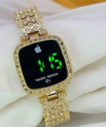 Iced-out ladies' square digital watch with brilliant crystal bracelet and LED display.