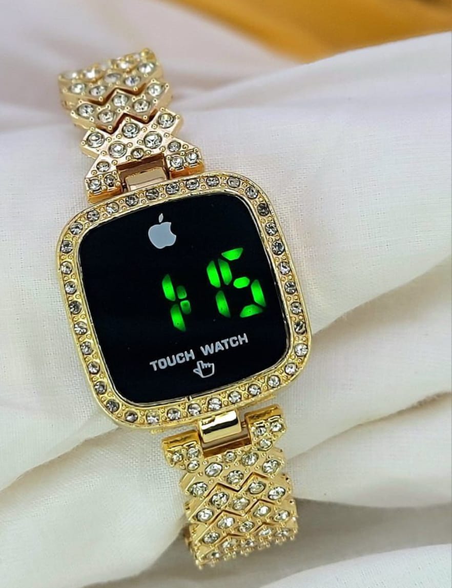 Radiant Luxe Diamond Touch Watch Collection Iced-out ladies' square digital watch with brilliant crystal bracelet and LED display.