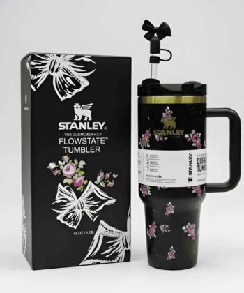 40 Oz Stanley X Coquette Tumbler available in Black, Pink, White, and Blue floral patterns.