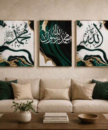 Set of 3 Islamic wall art frames (Allah, Muhammad, Kalma) with emerald green and gold marble design displayed above a sofa in a modern living room.