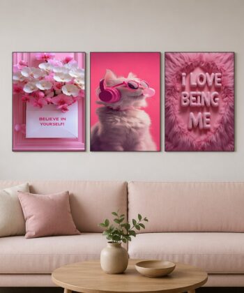 Pink Aesthetic Cat and Floral 3-Piece Wooden Wall Art Frame Set 8x11 Inch.