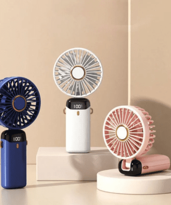 Rechargeable Hand Fan With LED Display 5 Speed Modes Portable Mini Handy Fan For Kids and School Use Pink and Black Colors.