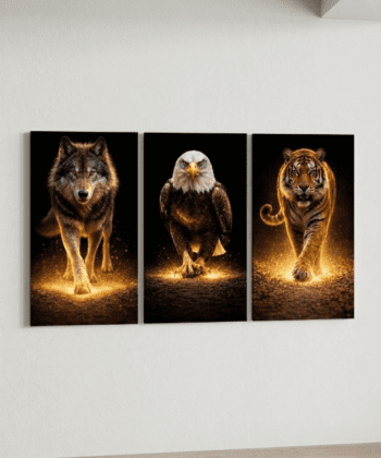 Three vertical tiles showing a wolf, an eagle, and a tiger with glowing golden light effects on a dark background.