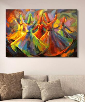 Sufiyana Abstract Whirling Dervish Canvas Art hanging above a sofa