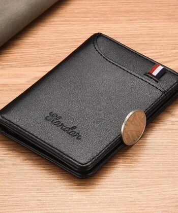 Slardar Premium black leather wallet for men with a slim bi-fold design and transparent ID window.
