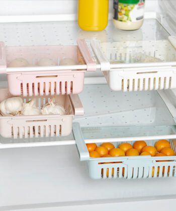 Adjustable Fridge Storage Basket and stretchable refrigerator organizer tray.