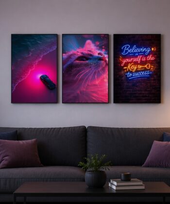 Neon Aesthetic Cat and Coastal Car 3-Piece Wooden Wall Art Frame Set 8x11 Inch.