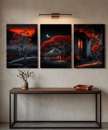 Moonlight Cottage and Red Floral 3-panel wooden wall art frames in a modern interior setting with a plant and console table.
