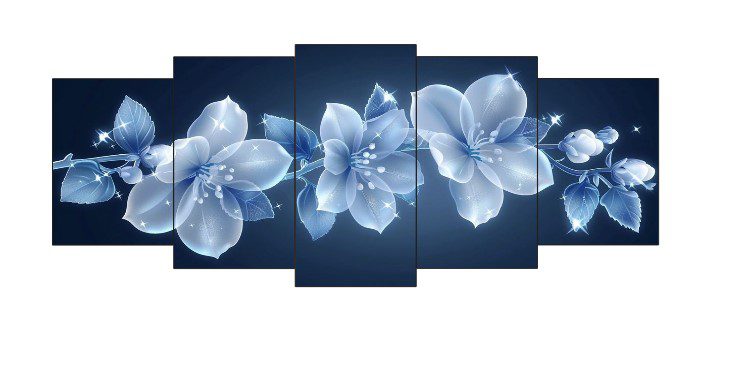 Luminous Blue Botanical Frame Set 5-piece mystic glow blue floral wooden wall art sticky tiles for home decor.