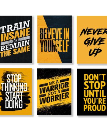 Six rectangular wall art tiles with motivational quotes in bold yellow and black typography.
