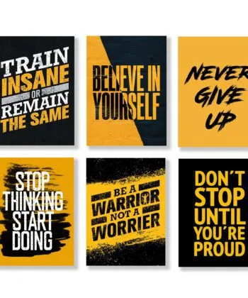Six rectangular wall art tiles with motivational quotes in bold yellow and black typography.