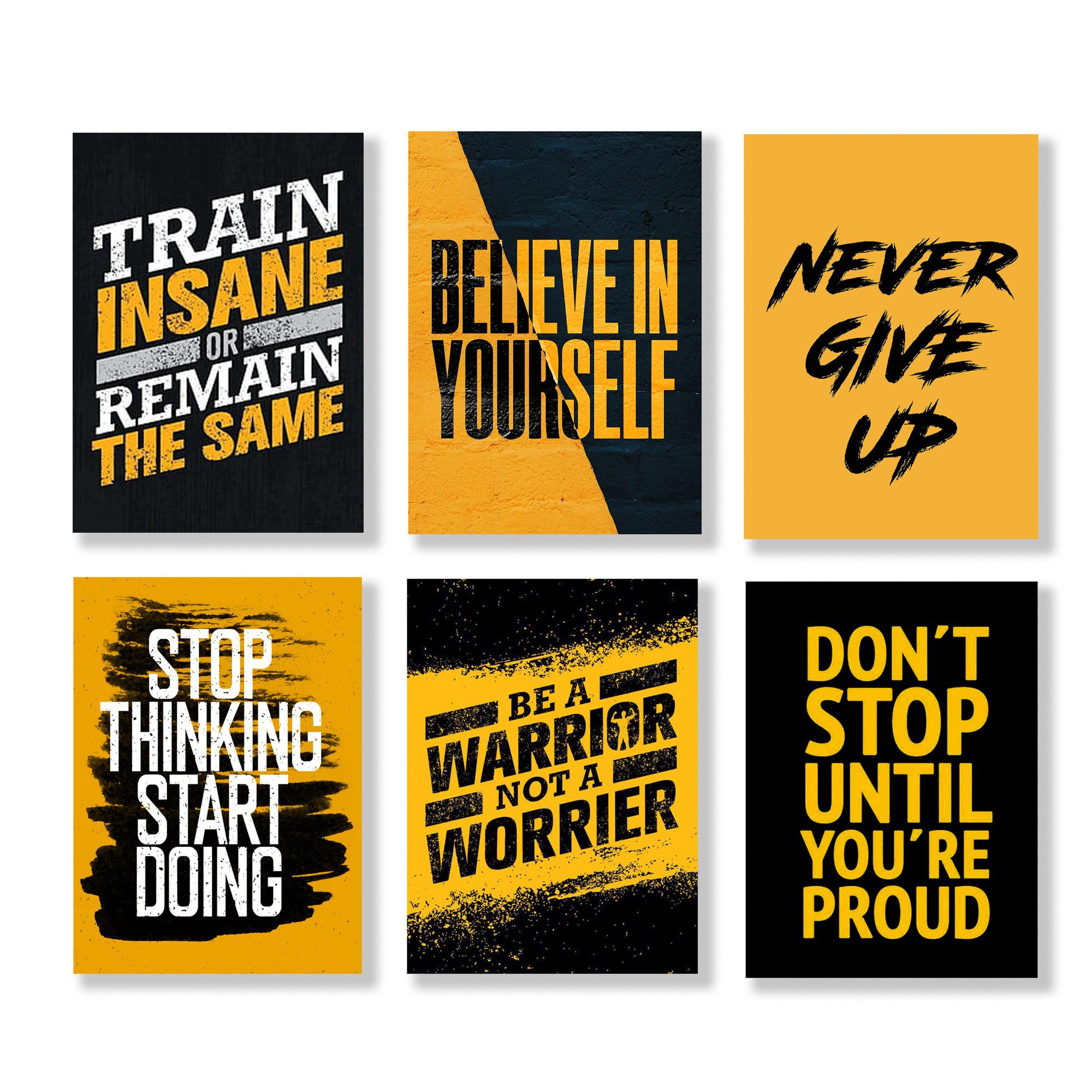 Hustle-Grind-Motivational-Wall-Art-Set-Aish-Splash Six rectangular wall art tiles with motivational quotes in bold yellow and black typography.