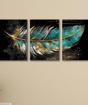 Three vertical black photo tiles displaying a single large teal and gold feather across them.