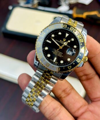 Rolex inspired GMT luxury watch with jubilee bracelet and rotating bezel in multiple colors.