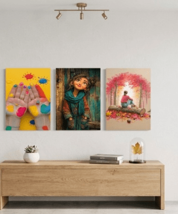 Colorful Artistic Kids and Nature Wooden Wall Art 3 Pieces Aesthetic Autumn and Paint Decor Set 8x11 Inch.
