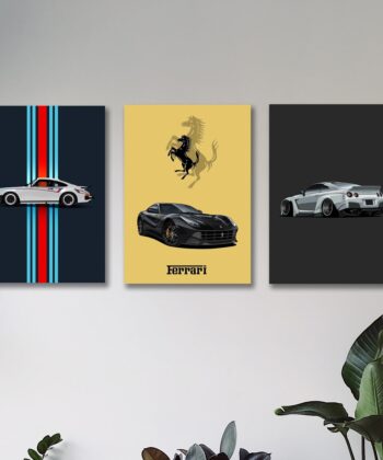 Three vertical art tiles featuring minimalist graphic designs of a Porsche, a Ferrari, and a Nissan GT-R.