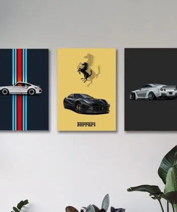 Three vertical art tiles featuring minimalist graphic designs of a Porsche, a Ferrari, and a Nissan GT-R.