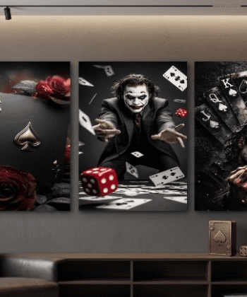 Joker and Casino Cards Dark Aesthetic Wooden Wall Art 3-Pc Poker Theme Luxury Room Decor Set 8x11 Inch.