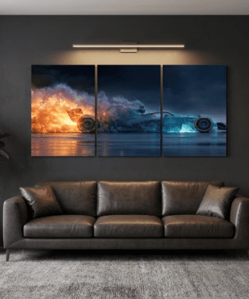 3-piece wooden wall art set with fire and ice racing car design above a sofa.