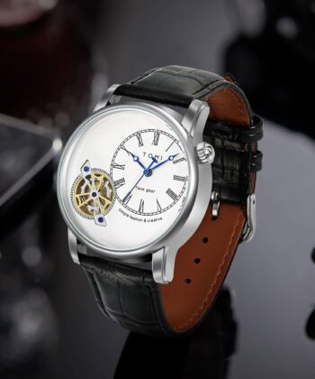 Stunning TOMI men's watch set with rose gold case and interchangeable black and brown leather straps.