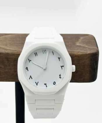 White Aura couple watch with a minimalist all-white design and elegant Arabic numerals on the dial.