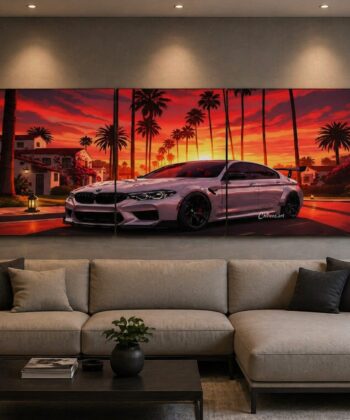 Stunning 3-piece sports car sunset wall art on premium wooden tiles.