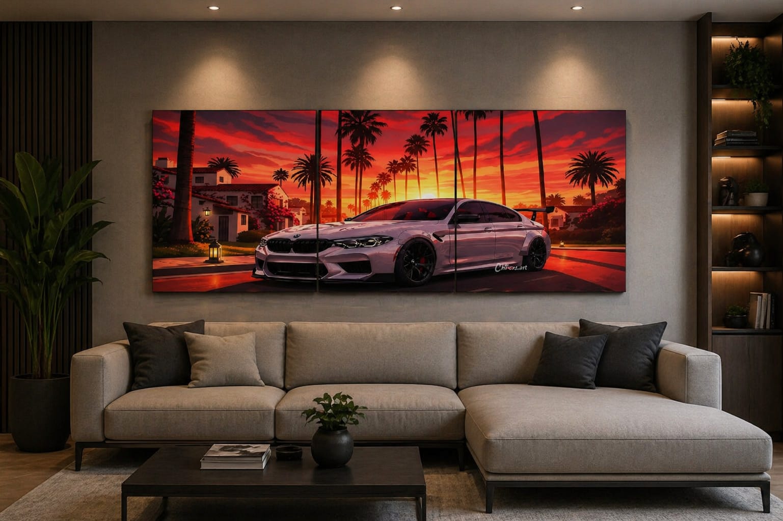 Sports Car Sunset Wooden Wall Art – AishSplash Stunning 3-piece sports car sunset wall art on premium wooden tiles.