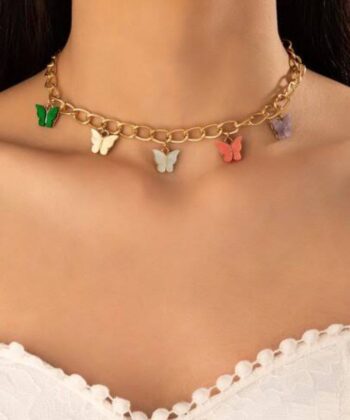 Stunning gold chain necklace with colorful butterfly charms for women.
