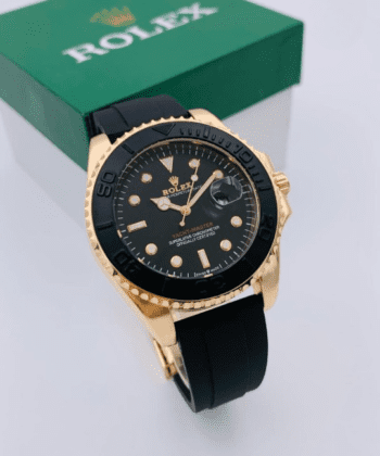 Golden Rolex stylish men's watch with black rubber strap and heavy master lock system.