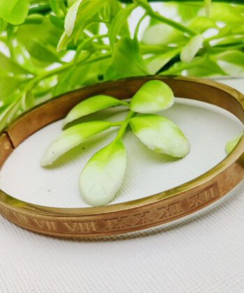 Close-up of a gold-plated adjustable bangle featuring engraved Roman numerals on a soft green leaf background.