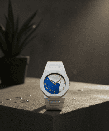Stunning White Aura watch with white strap and blue marble artistic dial