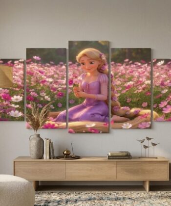 Stunning 5-piece princess wall art set with pink flower field design.
