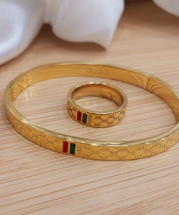 Gold plated stainless steel bangle and matching ring set with designer-inspired lattice engraving.