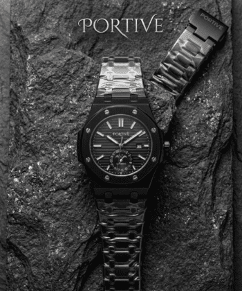 Stunning Portive men's watch with octagonal bezel and metallic chain strap in silver and black.