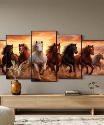 Stunning 5-piece running horses sunset wall art on premium wooden tiles