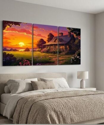 A stunning 3-piece wooden wall art set featuring a scenic sunset landscape with a peaceful cottage in a lush green valley.
