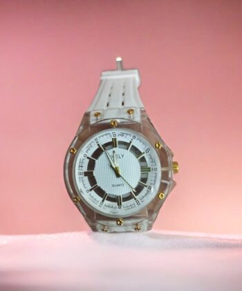 Stunning Yhely transparent gents watch with clear rubber strap and gold accents. Title: Yhely Transparent Gents Watch – AishSplash