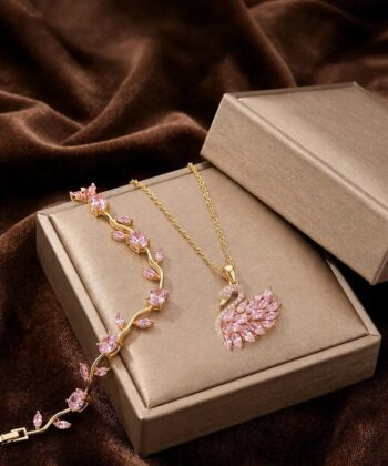 Tulip Bracelet With Swan Necklace Stainless Steel Set Golden Pink