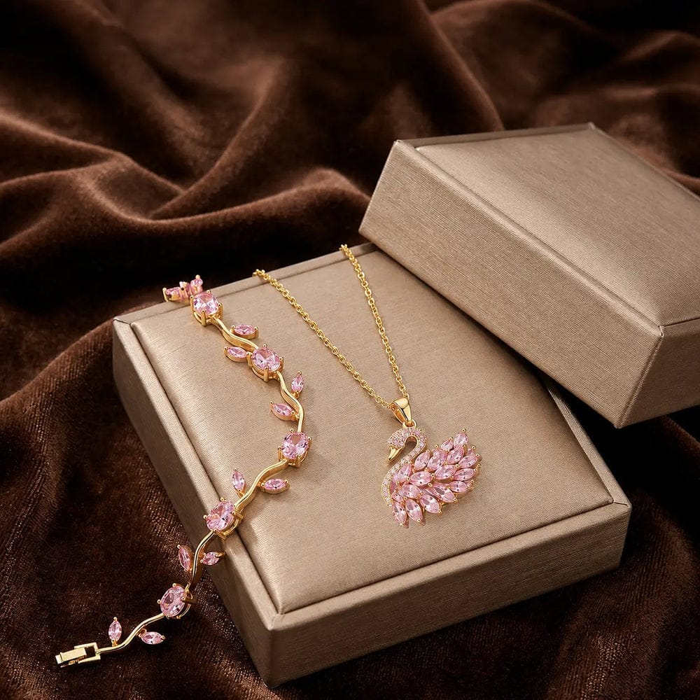 Tulip Bracelet With Swan Necklace Tulip Bracelet With Swan Necklace Stainless Steel Set Golden Pink